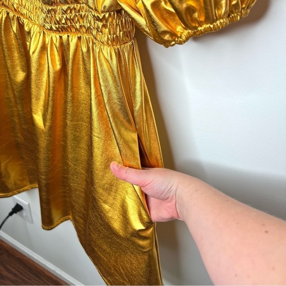Fantastic Fawn Metallic Gold Sequin Helmet Puff Sleeve Touchdown Mini Dress - Picture 11 of 17